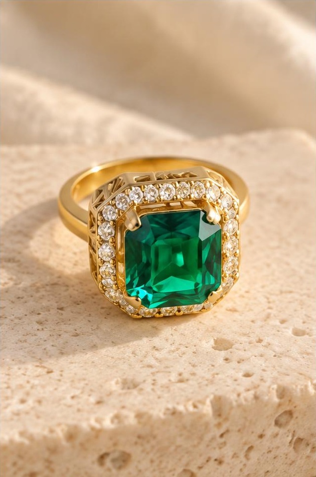Emerald Halo Ring on travertine