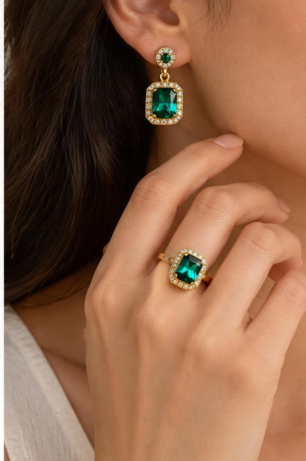 Green halo earrings and ring worn in warm daylight