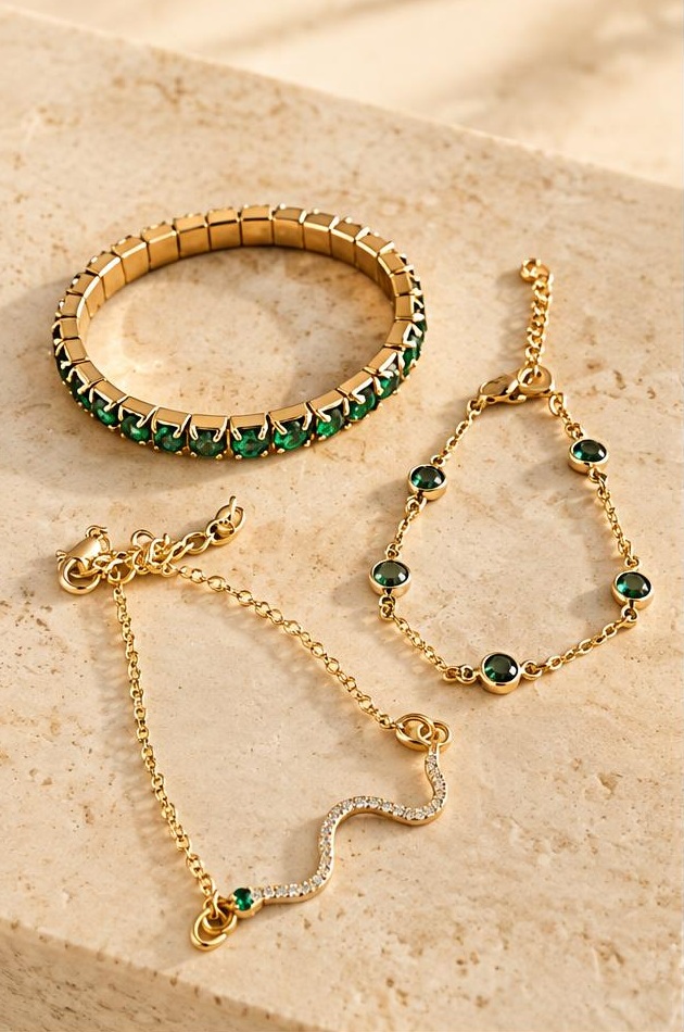 Green Accent Bracelet Trio on travertine