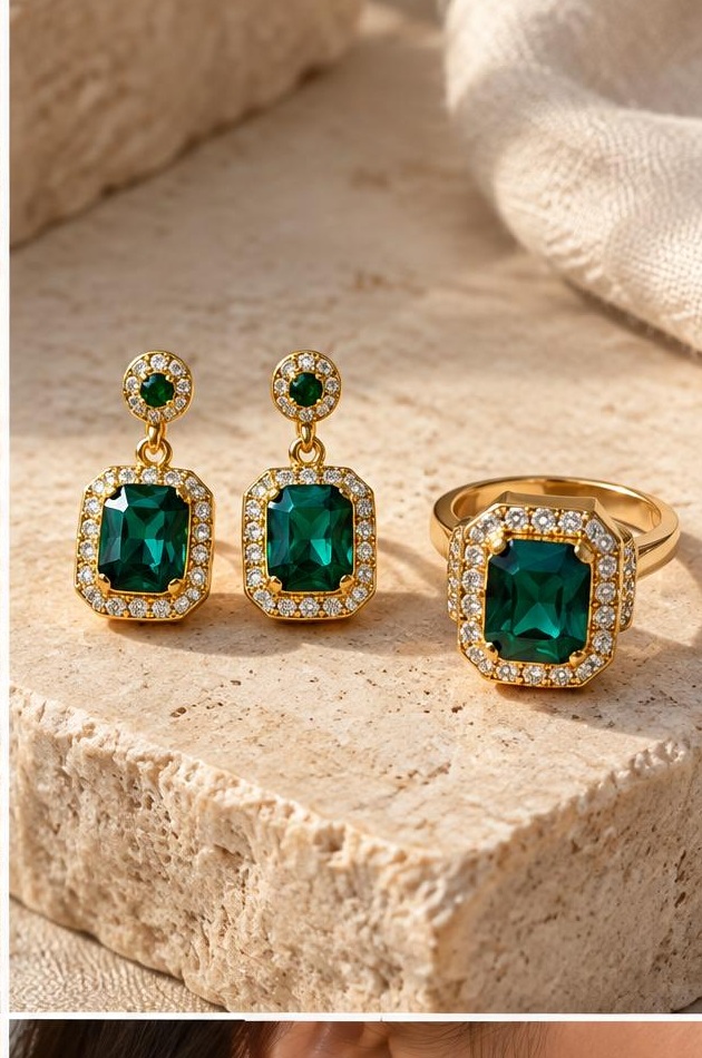 Green Halo Earring & Ring Set on travertine