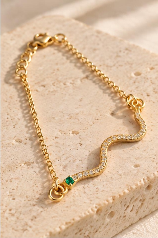 Green Wave Chain Bracelet on travertine